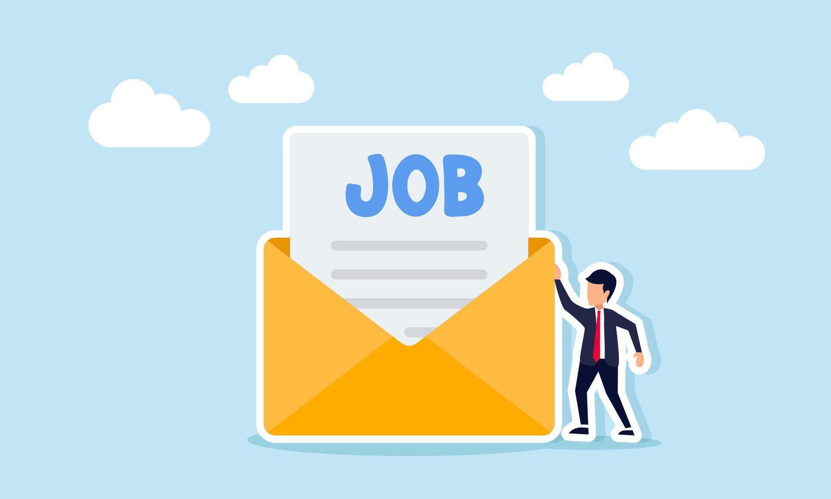 Businessman standing beside an envelope containing a document labeled job illustration of email about job application vector