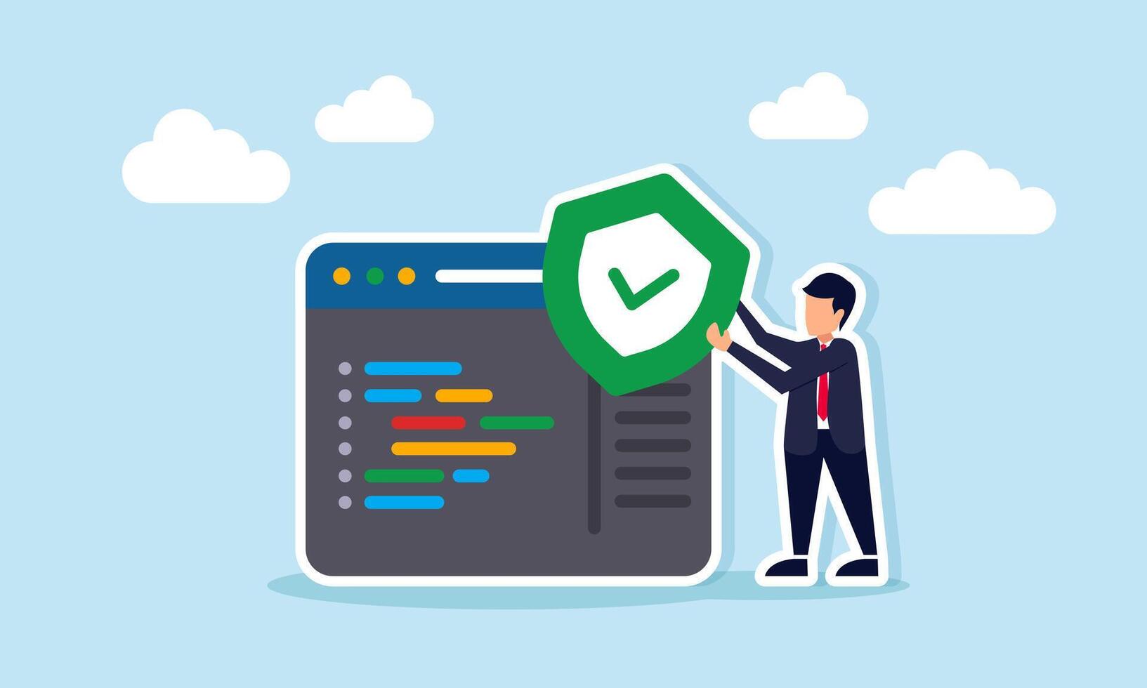 Businessman holding shield with checkmark beside programming interface illustrating reliable business application security system vector