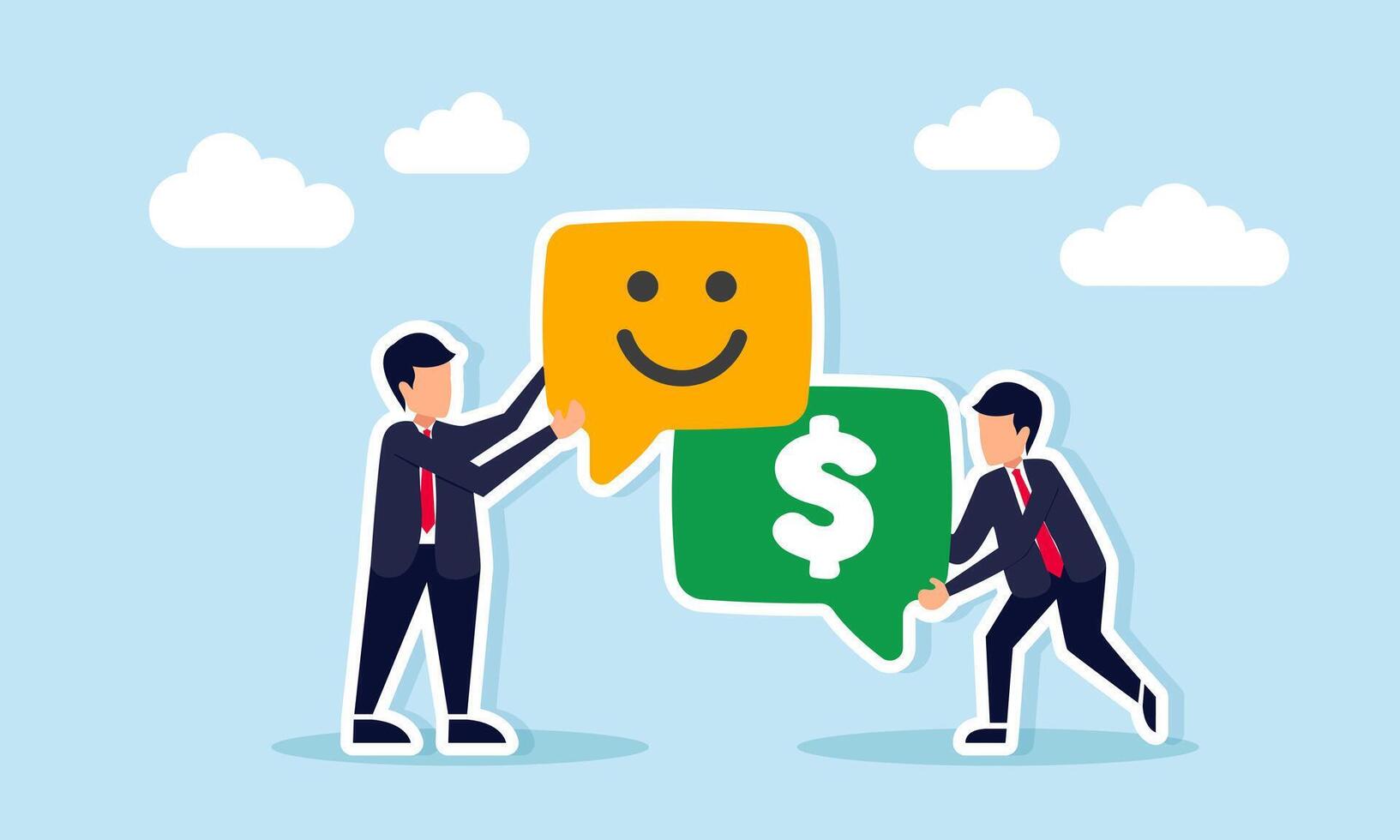 Businessman holding chat dialog with smile emoticon and another holding chat dialog with dollar sign illustration of sharing related to business financial management vector