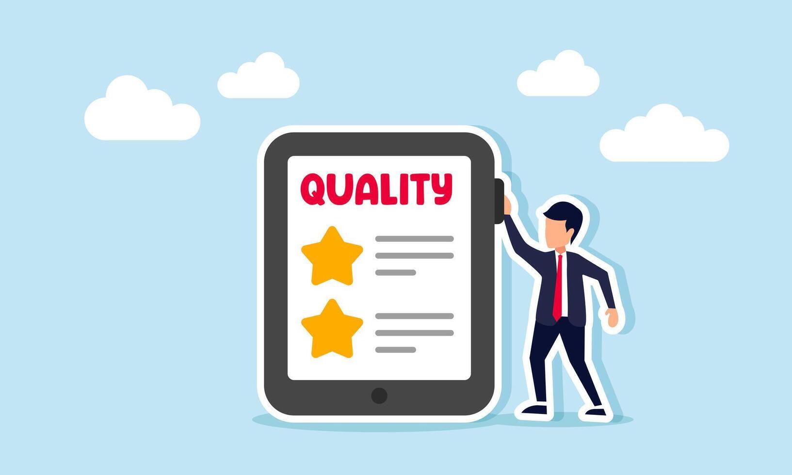 Businessman standing beside smartphone showing claim text and star rating illustration of giving digital online business quality review vector