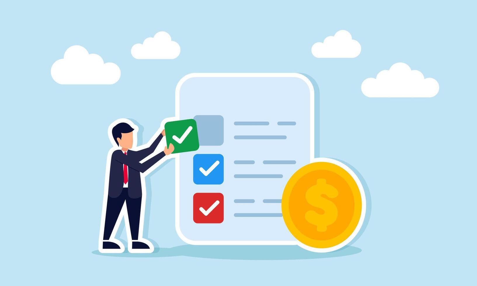 Businessman placing checkmark on task list document beside dollar coins representing business financial milestone or progress vector