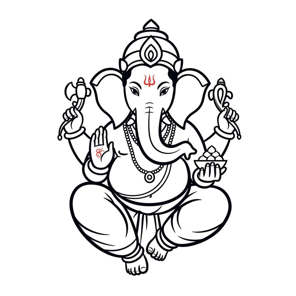 Line art illustration of Lord Ganesha, the Hindu elephant god, meditating. A symbol of wisdom and good fortune. vector