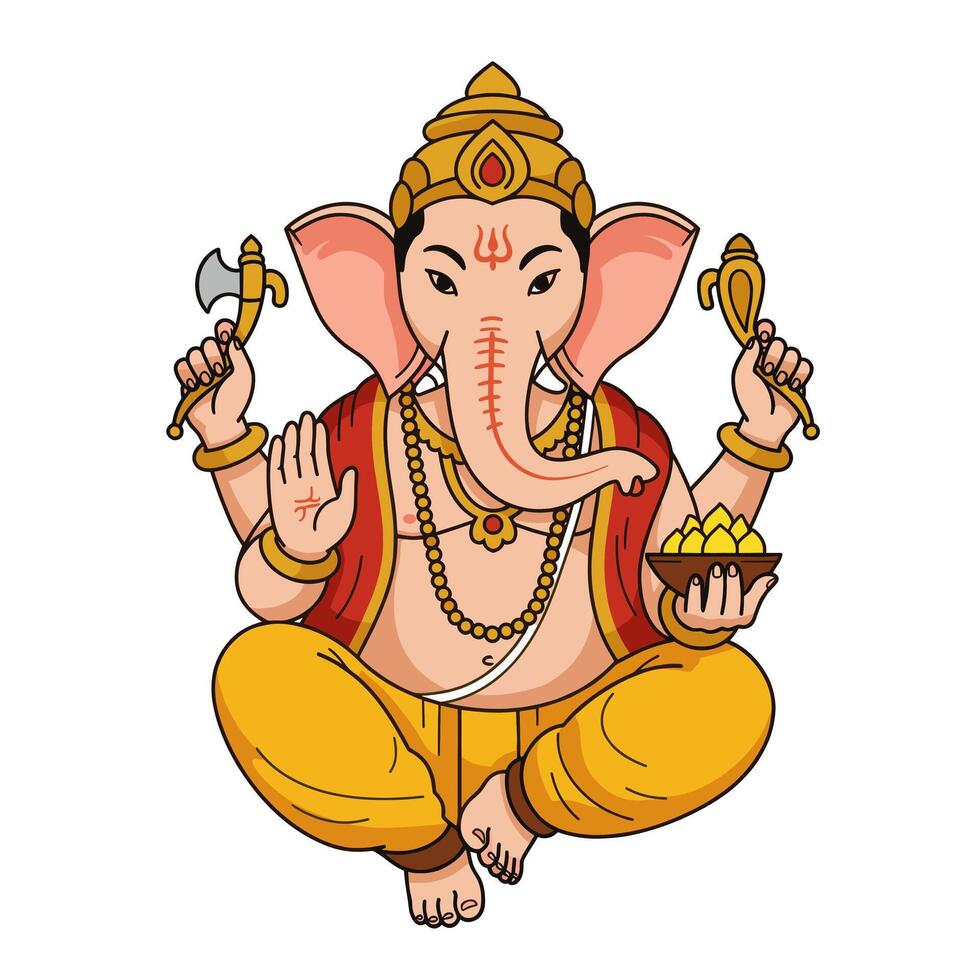 A vibrant illustration of Lord Ganesha, the Hindu god of beginnings, wisdom, and remover of obstacles. He is depicted in a meditative pose. vector