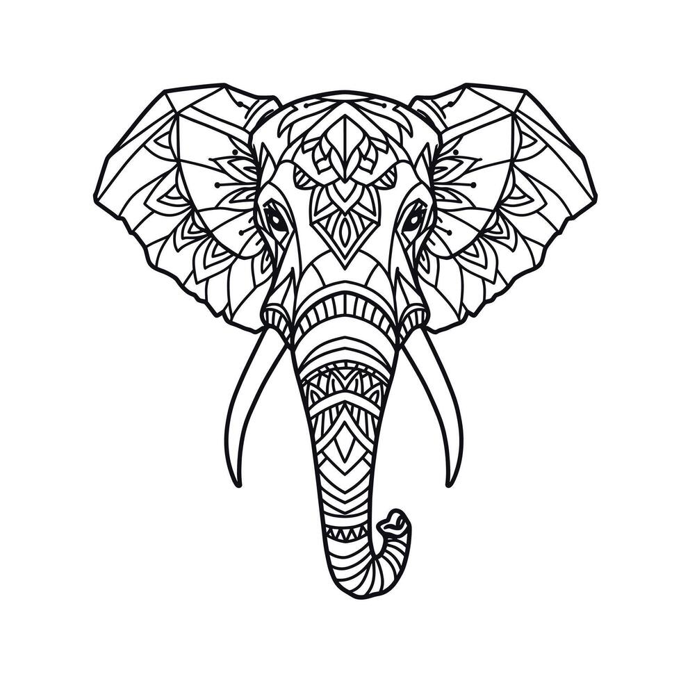 A detailed line art illustration of an elephant head adorned with mandala patterns. Black and white design suitable for coloring pages or prints. vector