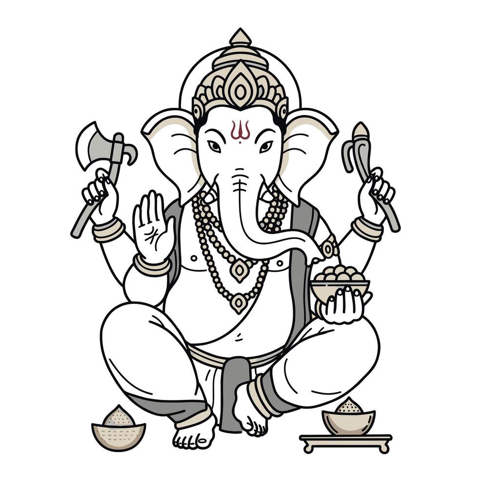 A detailed line drawing illustration of Lord Ganesha, the Hindu god known for removing obstacles and bringing good fortune. vector