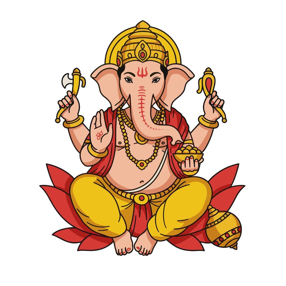 A vibrant illustration of Lord Ganesha, the Hindu deity, sitting on a lotus flower. He holds symbolic objects, radiating wisdom and prosperity. vector
