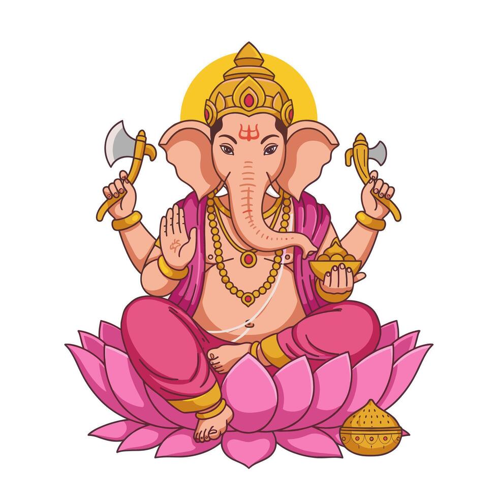 A vibrant illustration of Lord Ganesha, the Hindu god of wisdom, sitting on a lotus flower. He holds an axe and a modak. vector