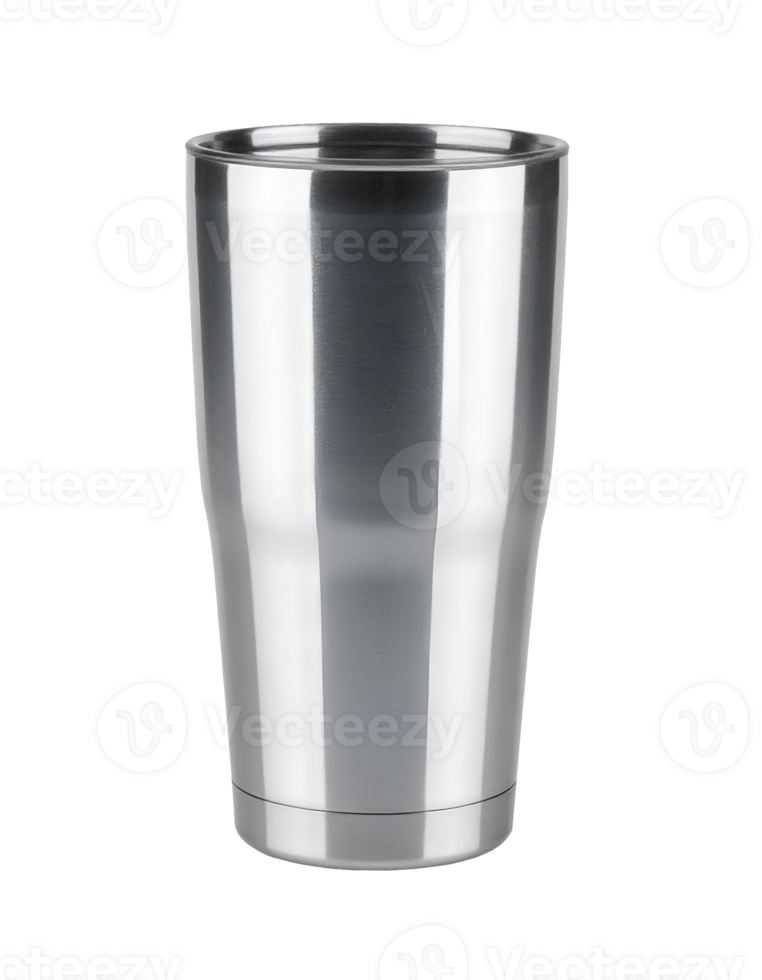 realistic stainless steel tumbler isolated on transparent background, insulated metal drink cup with brushed finish, reusable eco-friendly travel mug design png