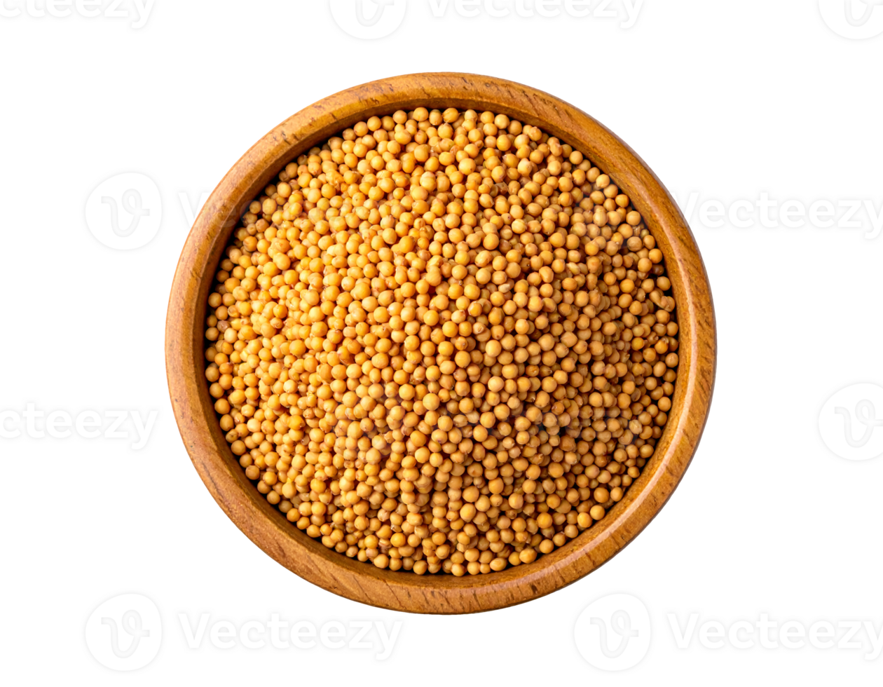 realistic top view of yellow mustard seeds in wooden bowl on isolated background png