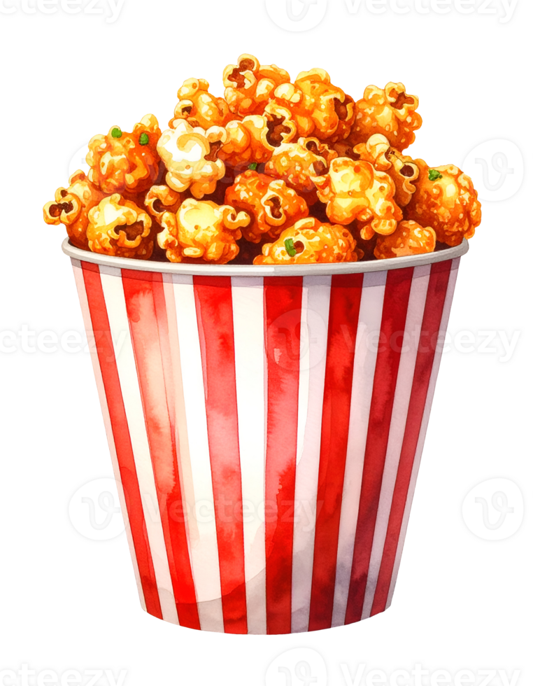 crispy popcorn chicken in red striped bucket, watercolor fast food snack, delicious fried bites in paper cup, isolated food clipart illustration png