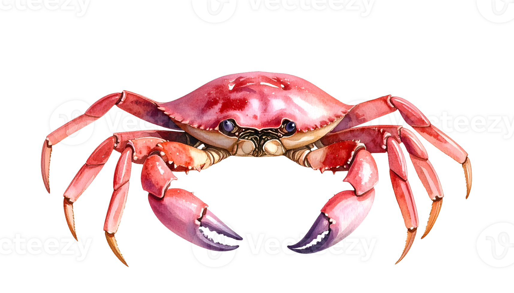 watercolor illustration of a vivid pink sideways crab with detailed claws and shell texture on isolated background png