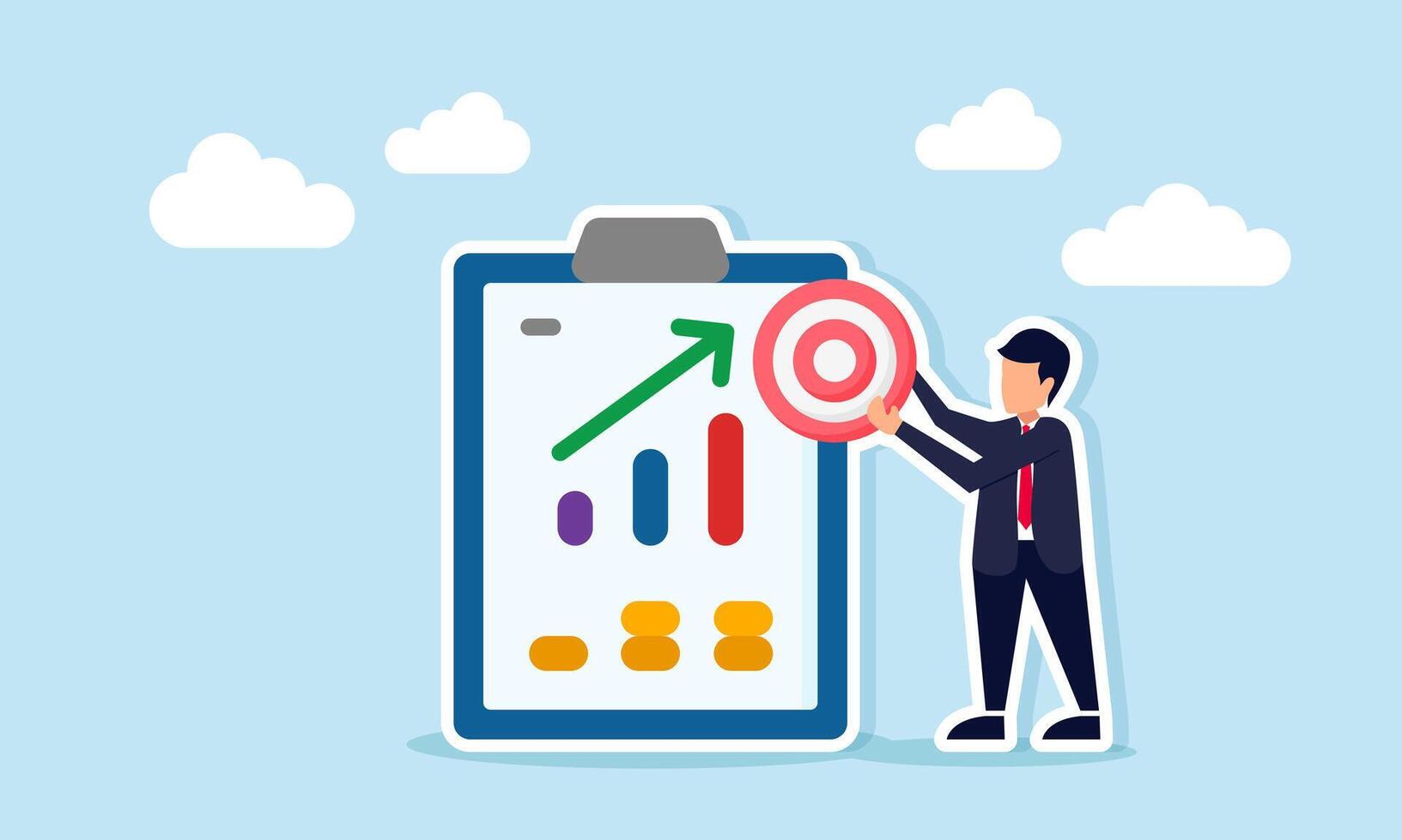 Businessman holding target board next to document board with rising graph illustration of improving business target completion performance vector