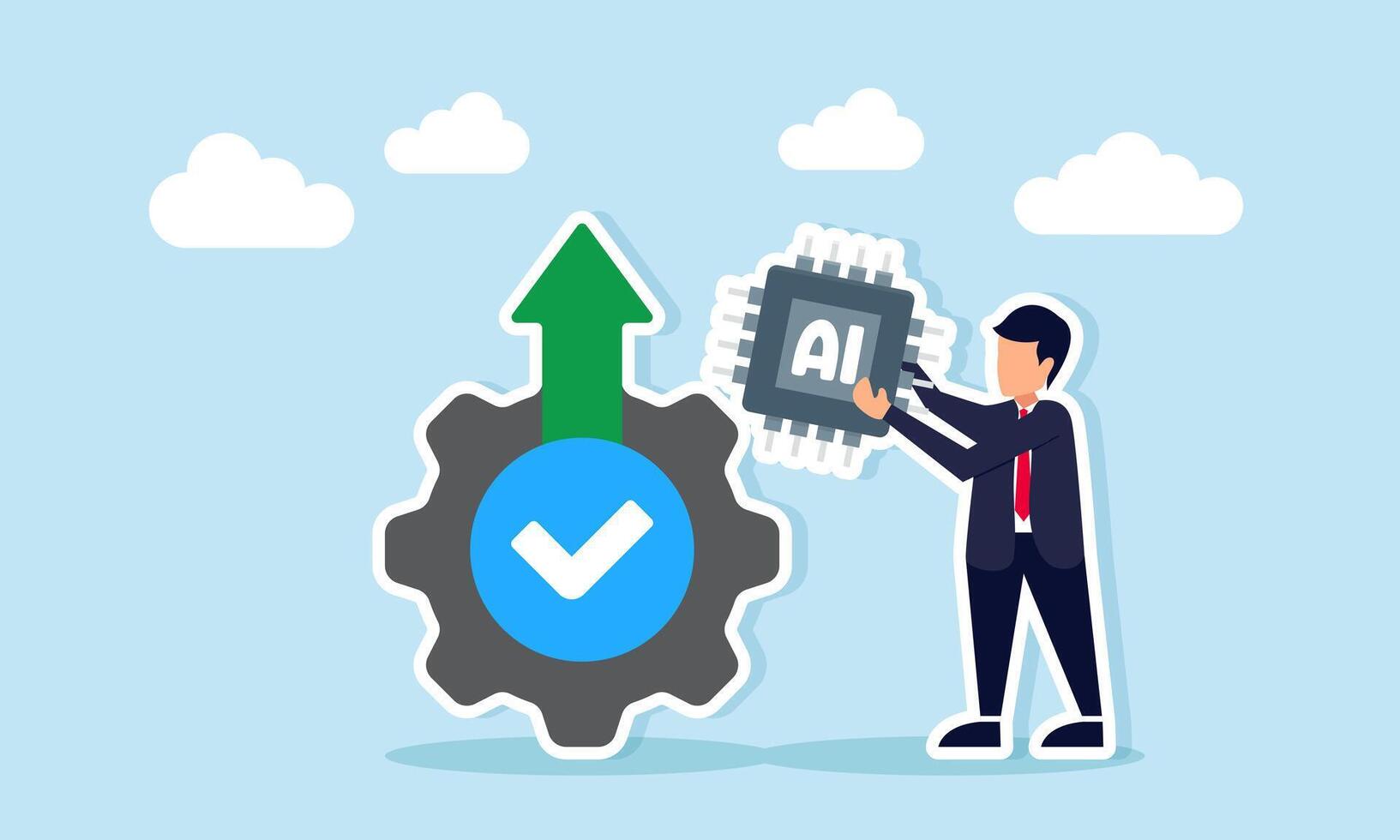 Businessman holding AI processor chip next to gear with upward arrow and checkmark illustration of business system optimization using AI technology vector