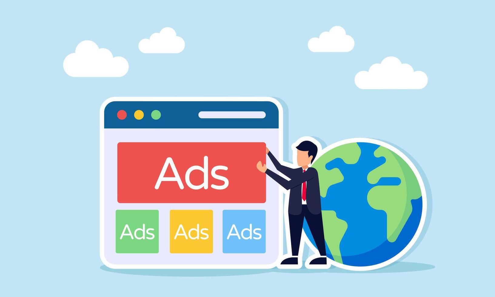Businessman placing an ads sign on an app interface near a globe illustration of global advertising promotion strategy vector