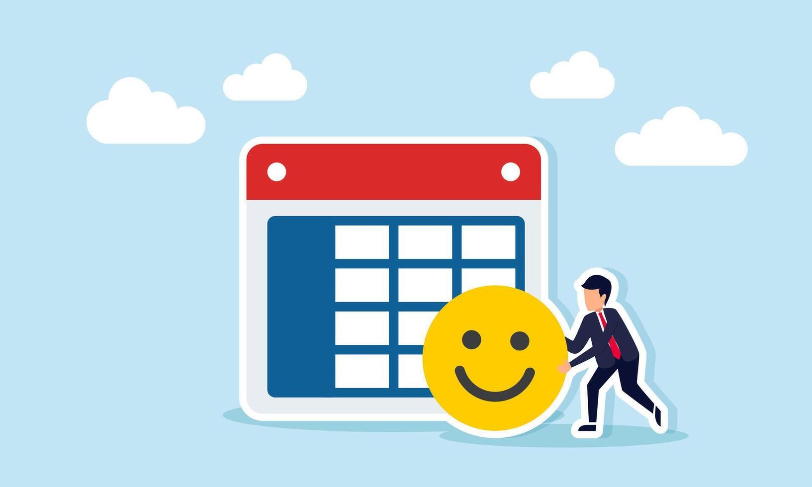 Businessman holding happy emoticon beside calendar schedule illustration of positive review and response related to business event schedule vector