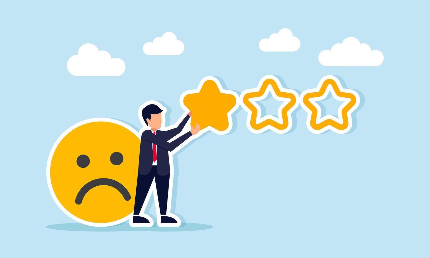 Businessman with sad emoticon placing one star illustration of poor quality and negative review on business standard vector