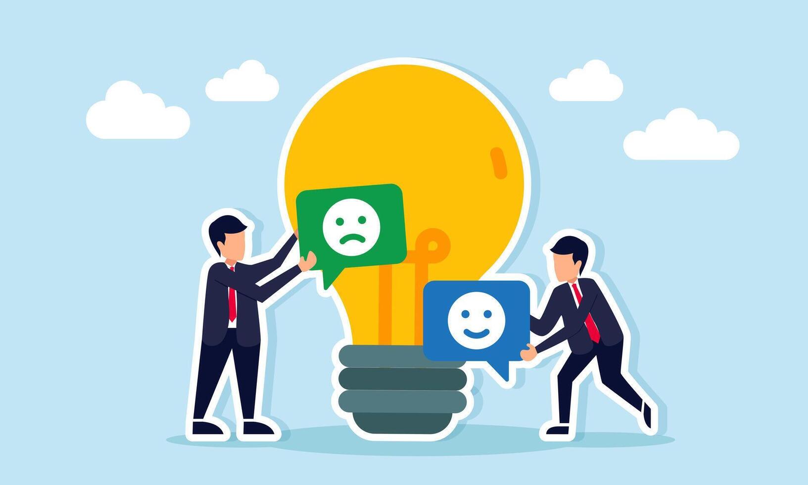 Businessman hold chat dialog with happy emoticon and another with sad emoticon both stand near lamp illustration of debate and disagreement about business idea suggestions vector