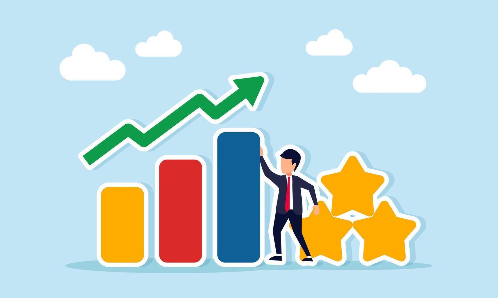 Businessman standing between rising chart and stack of stars illustration of progress in business quality standard improvement vector