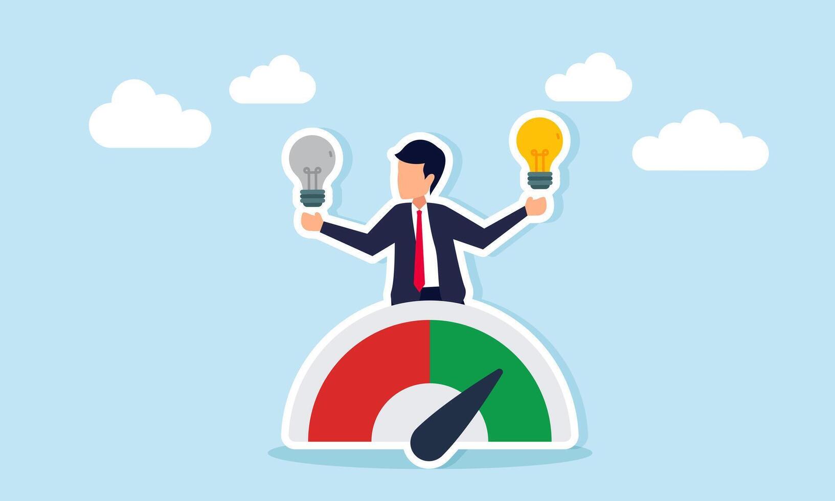 Businessman emerging from performance level indicator holding lit lamp and unlit lamp illustrating confusion in determining the right business idea vector