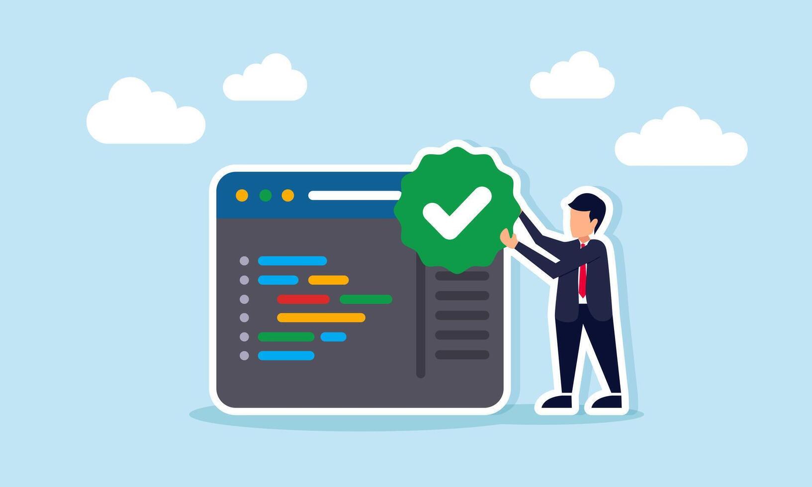 Businessman holding checkmark beside programming interface illustrating business application system validation vector