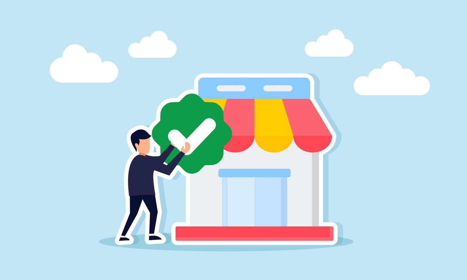Businessman holding checkmark beside store representing official store verification and validation vector