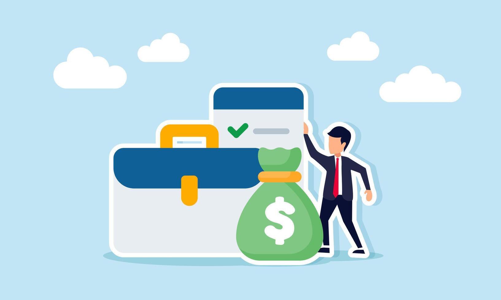 Businessman standing beside briefcase money bag and documents illustrating taking profit from business project vector