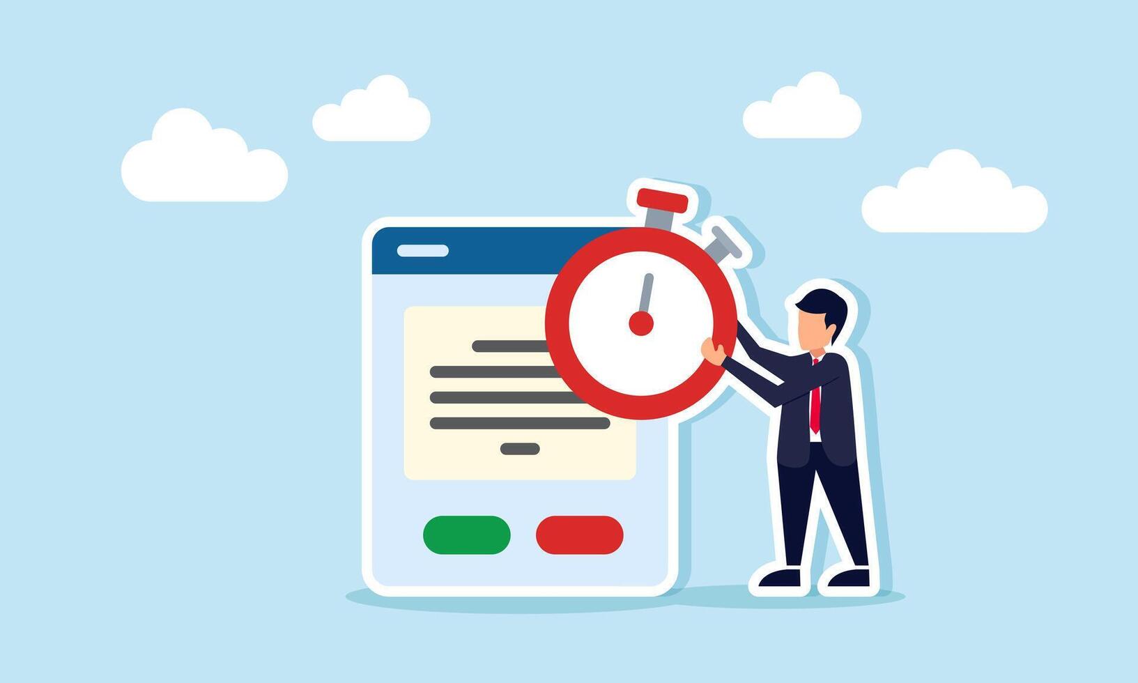 Businessman carrying stopwatch next to application interface illustration of deadline in completing digital based business project vector