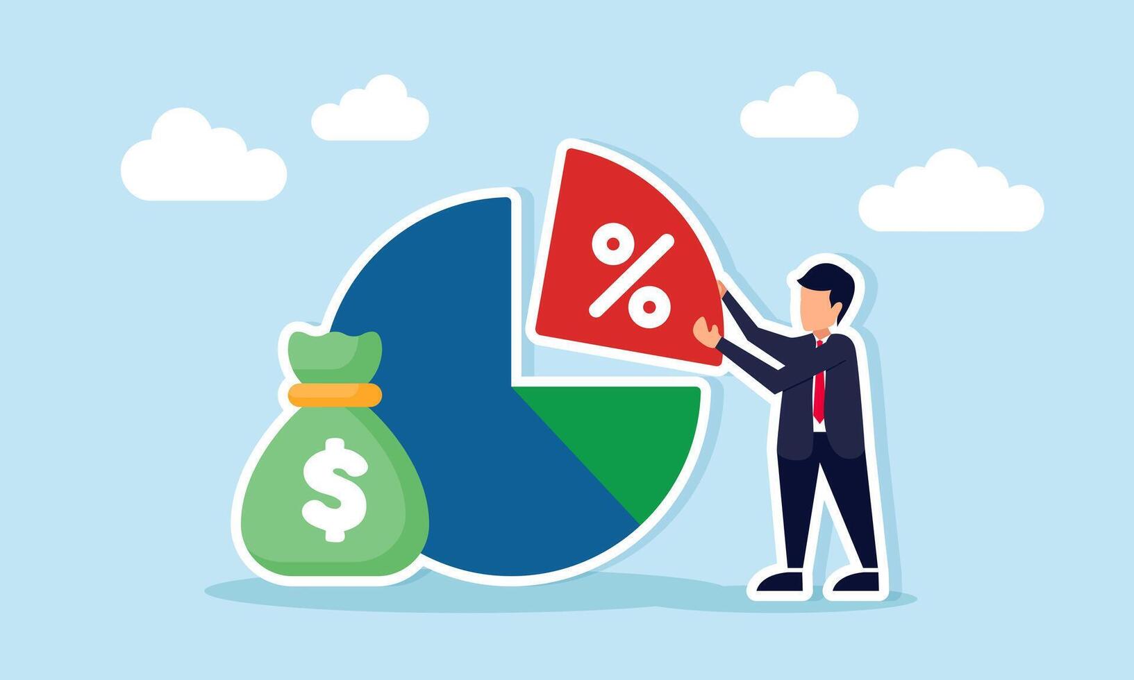 Businessman holding pie chart section with percent sign next to money bag illustration of take profit or company stock dividend distribution vector