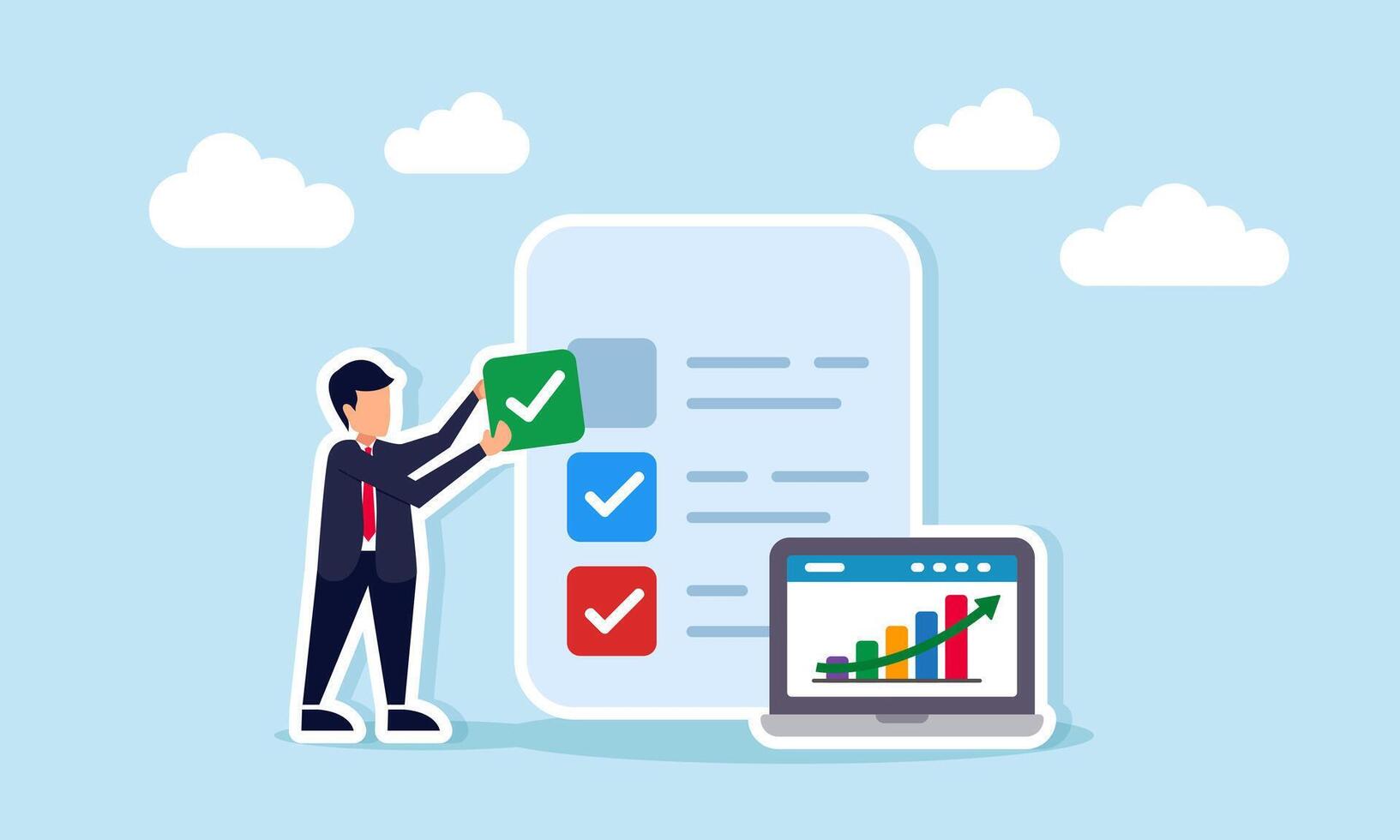 Businessman placing checkmark on task list document beside laptop displaying rising chart representing business performance vector