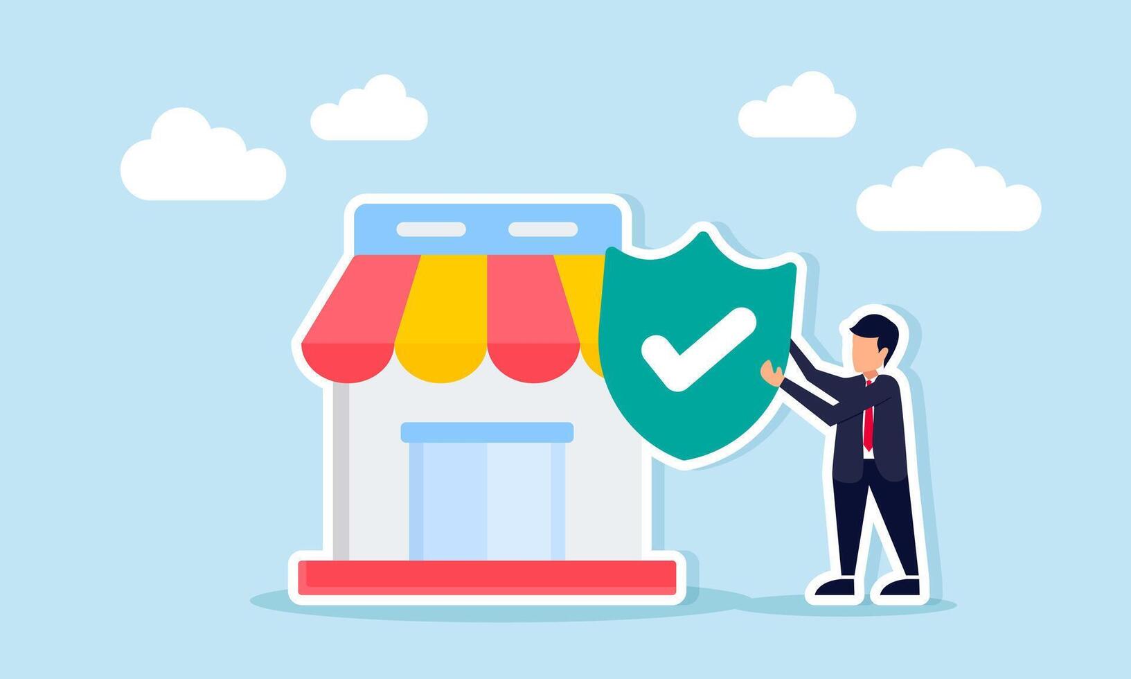 Businessman holding shield with checkmark beside store illustration of verified marketplace vector