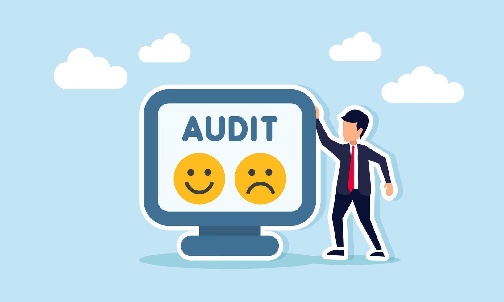 Businessman standing beside monitor displaying audit text with happy and sad emoticons illustrating choice to like or dislike business audit decision vector