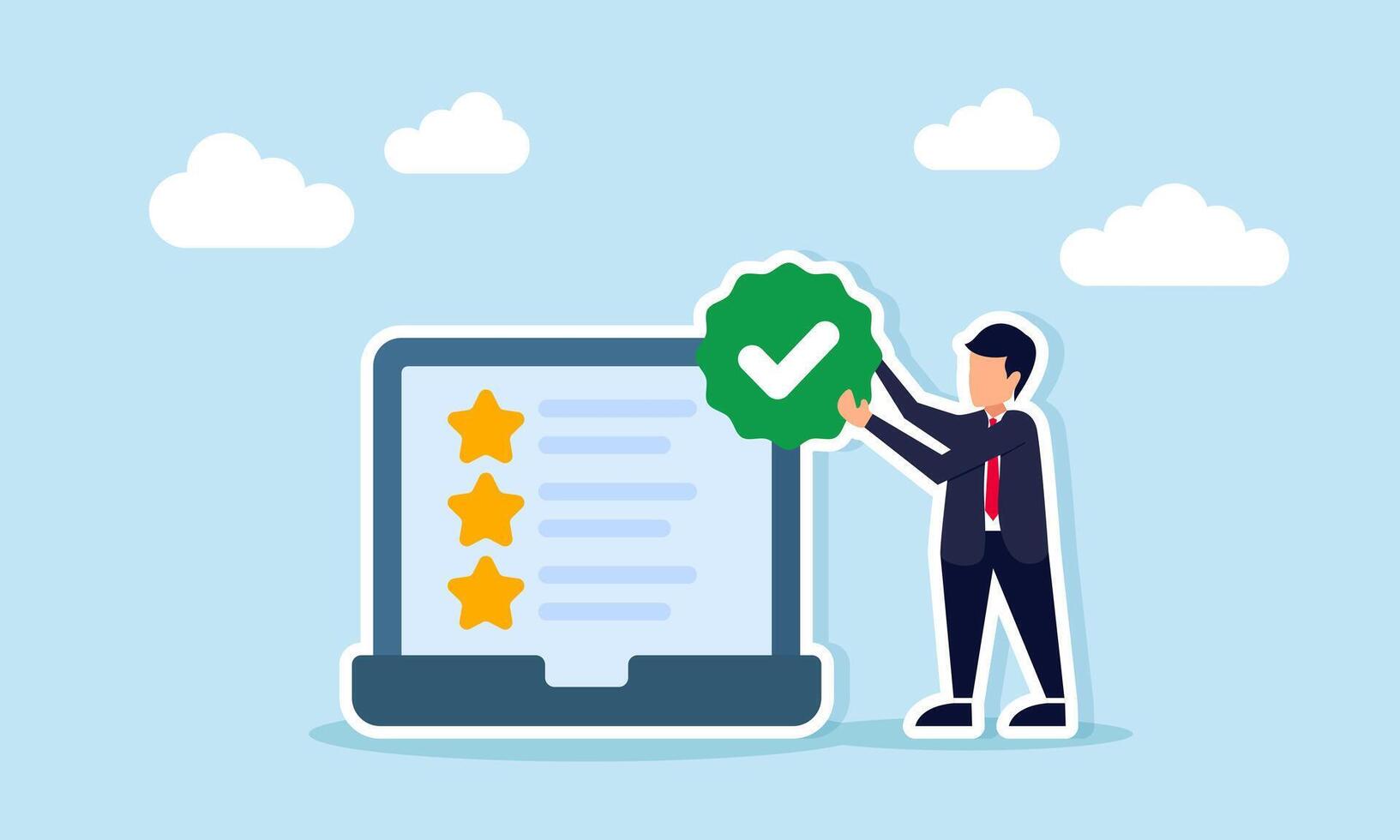 Businessman holding checkmark beside laptop displaying star list illustration of business verification validation or standardization vector