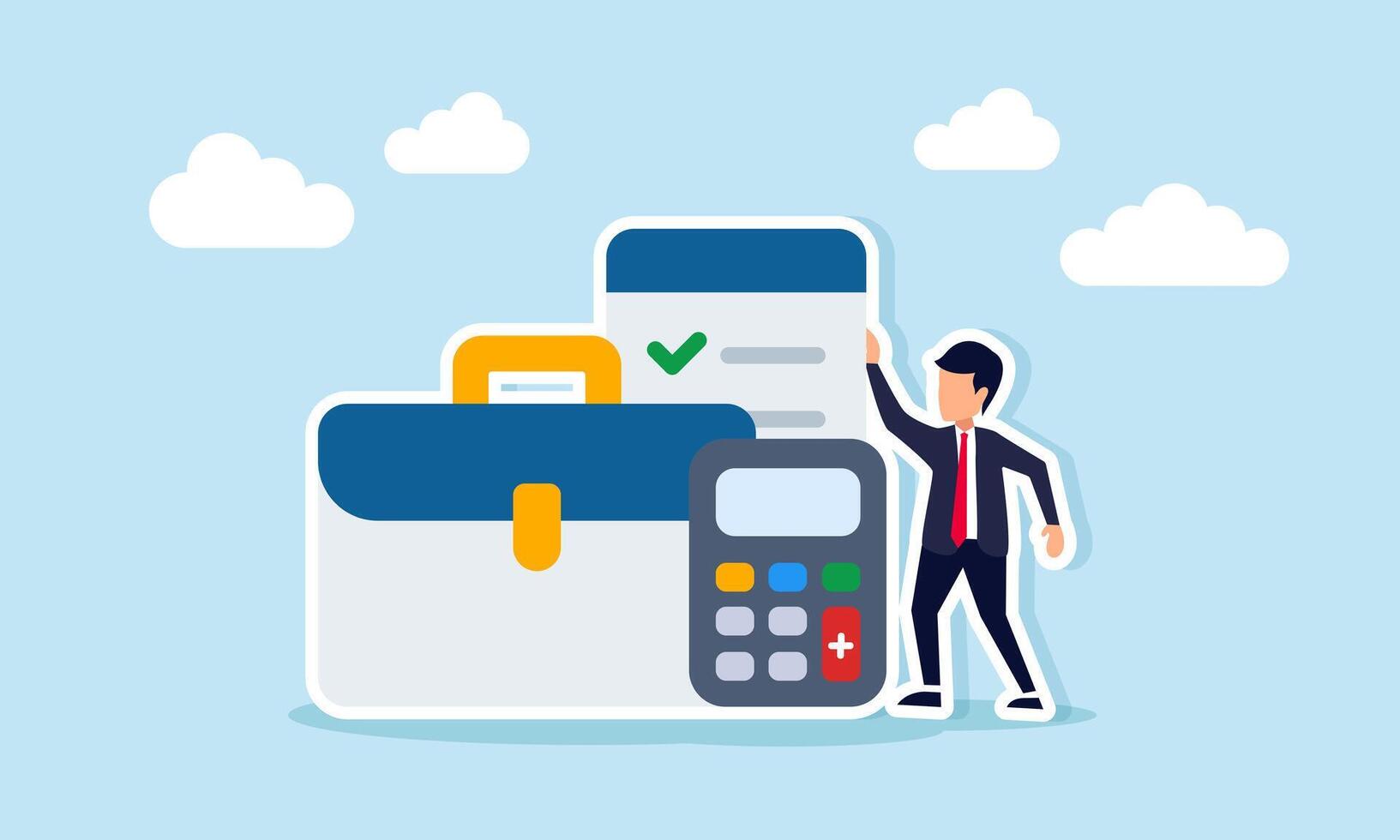 Businessman standing beside briefcase calculator and documents illustrating risk calculation in business project execution vector