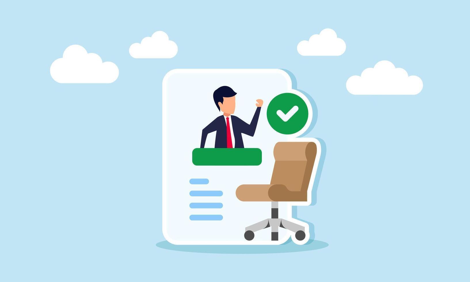 Businessman profile paper with office chair and check mark illustration of new employee performance profile vector