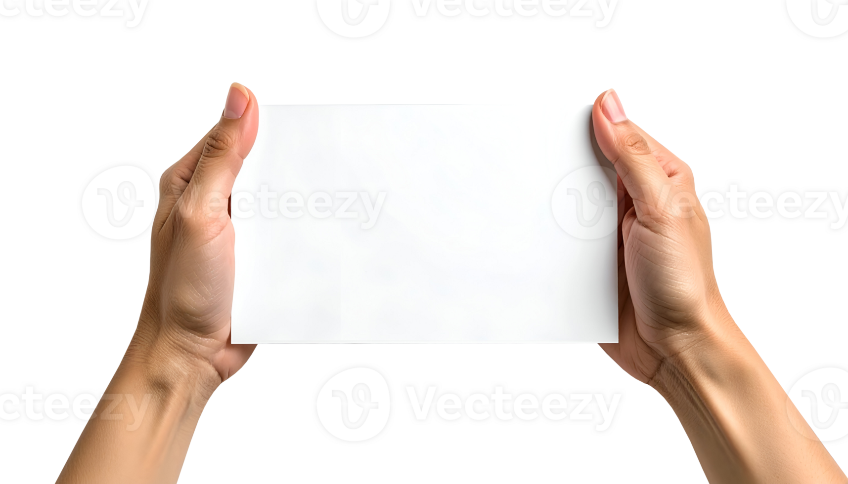 realistic female hands holding blank white horizontal paper sign or board, clean minimal mockup for message or text, isolated on transparent background png
