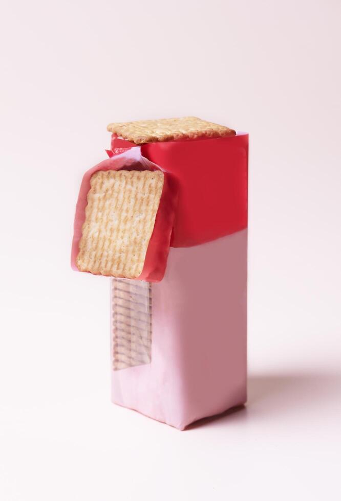 pack of square cookies stands vertically on beige background, mockup, copy space photo