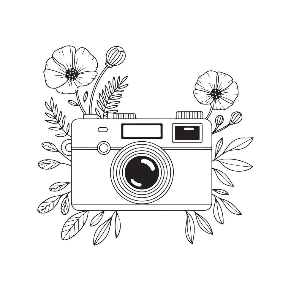 A black and white line art illustration of a vintage camera surrounded by decorative flowers and leaves, High Resolution Camera Icon Graphic Design vector