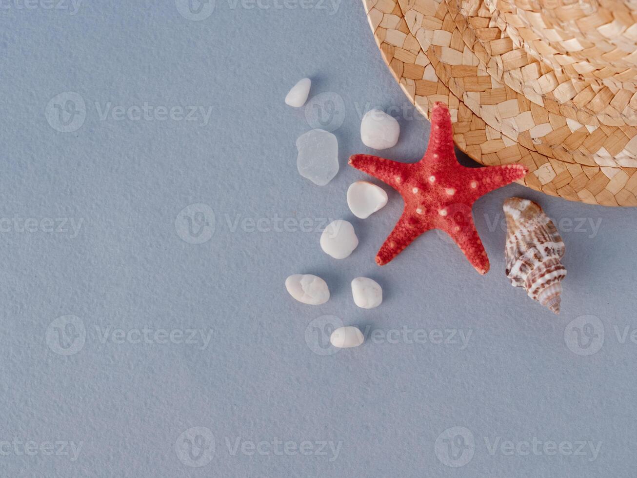 straw hat, red starfish, pebble, shell, vacation mood, copy space photo