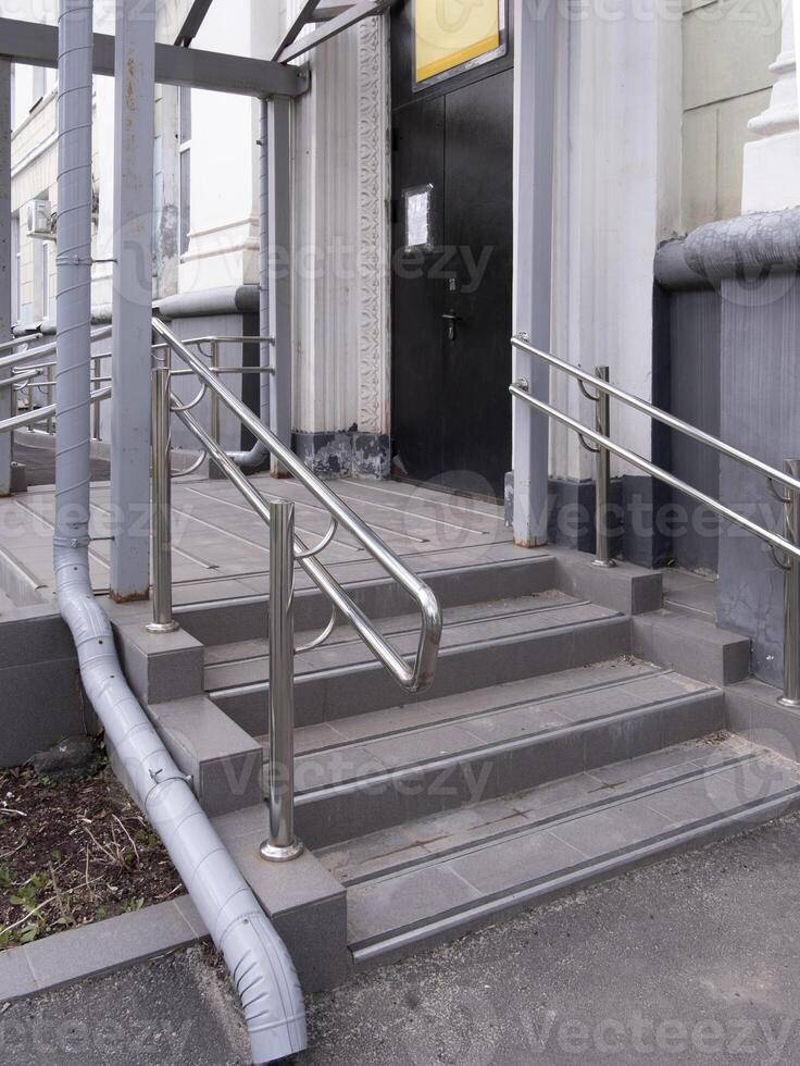 entrance to a social institution in a Russian provincial town, empty of people photo