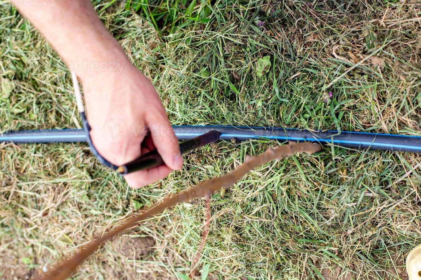 A man installs a drip irrigation system in a garden by melting a HDPE pipe with a hole punch to install adjustable water drippers photo