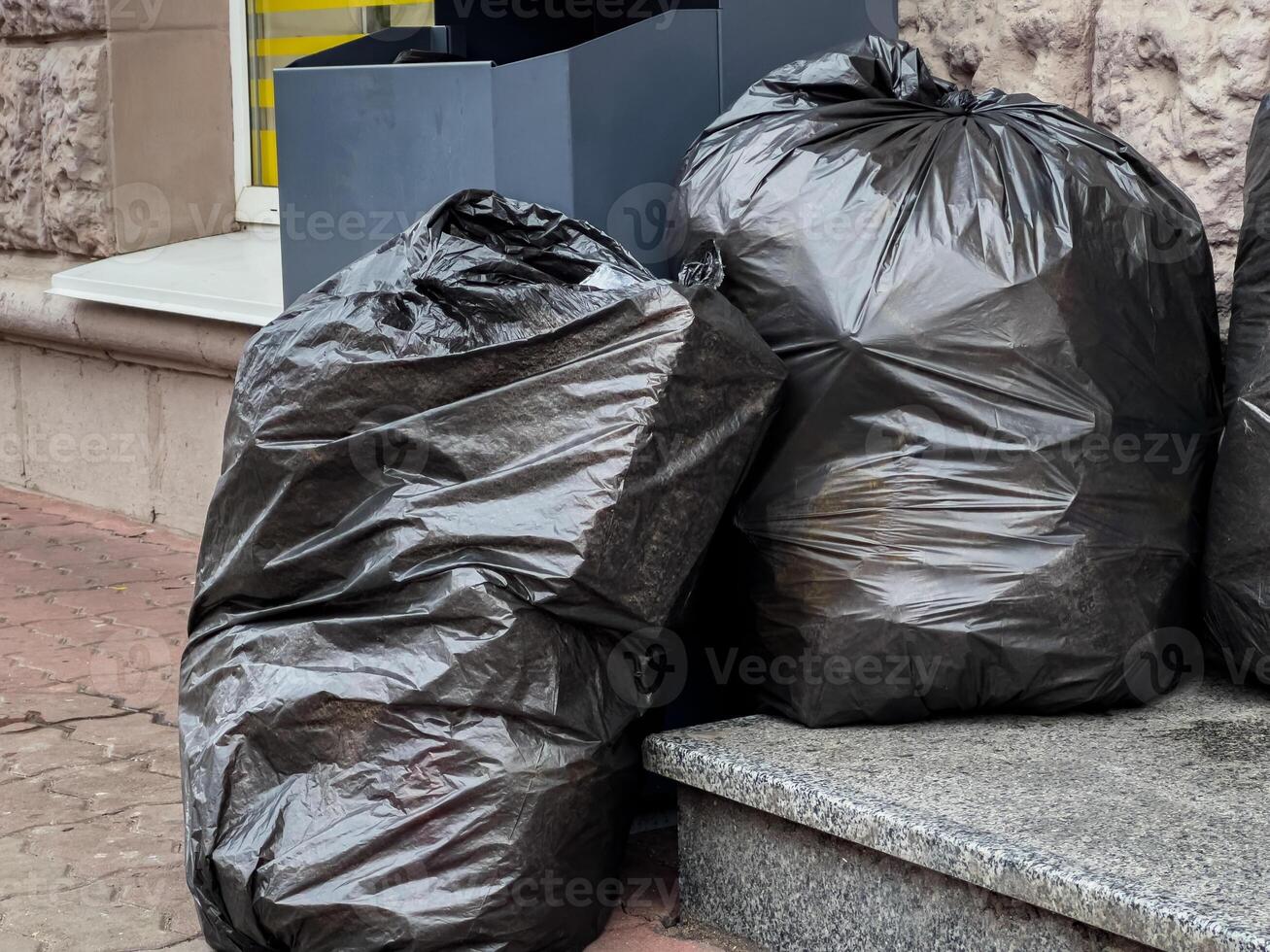 Two large black garbage bags rest against a stone ledge near a building, showcasing urban waste disposal habits photo