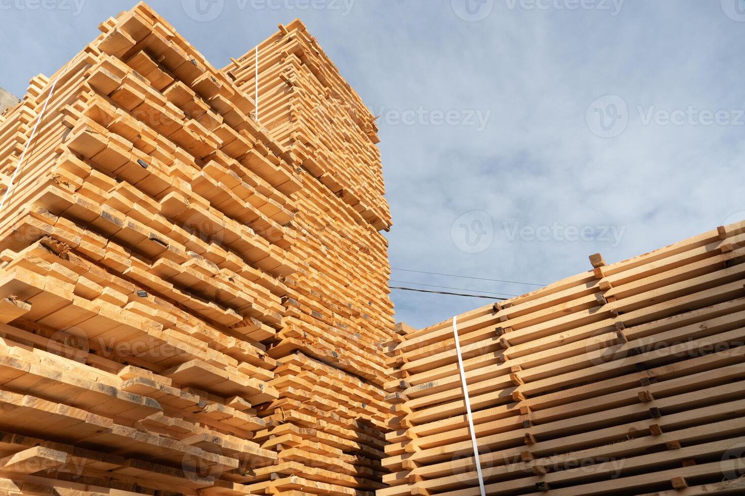 Wooden planks are neatly stacked several layers high at a construction site, illuminated by morning sunlight under a bright blue sky photo