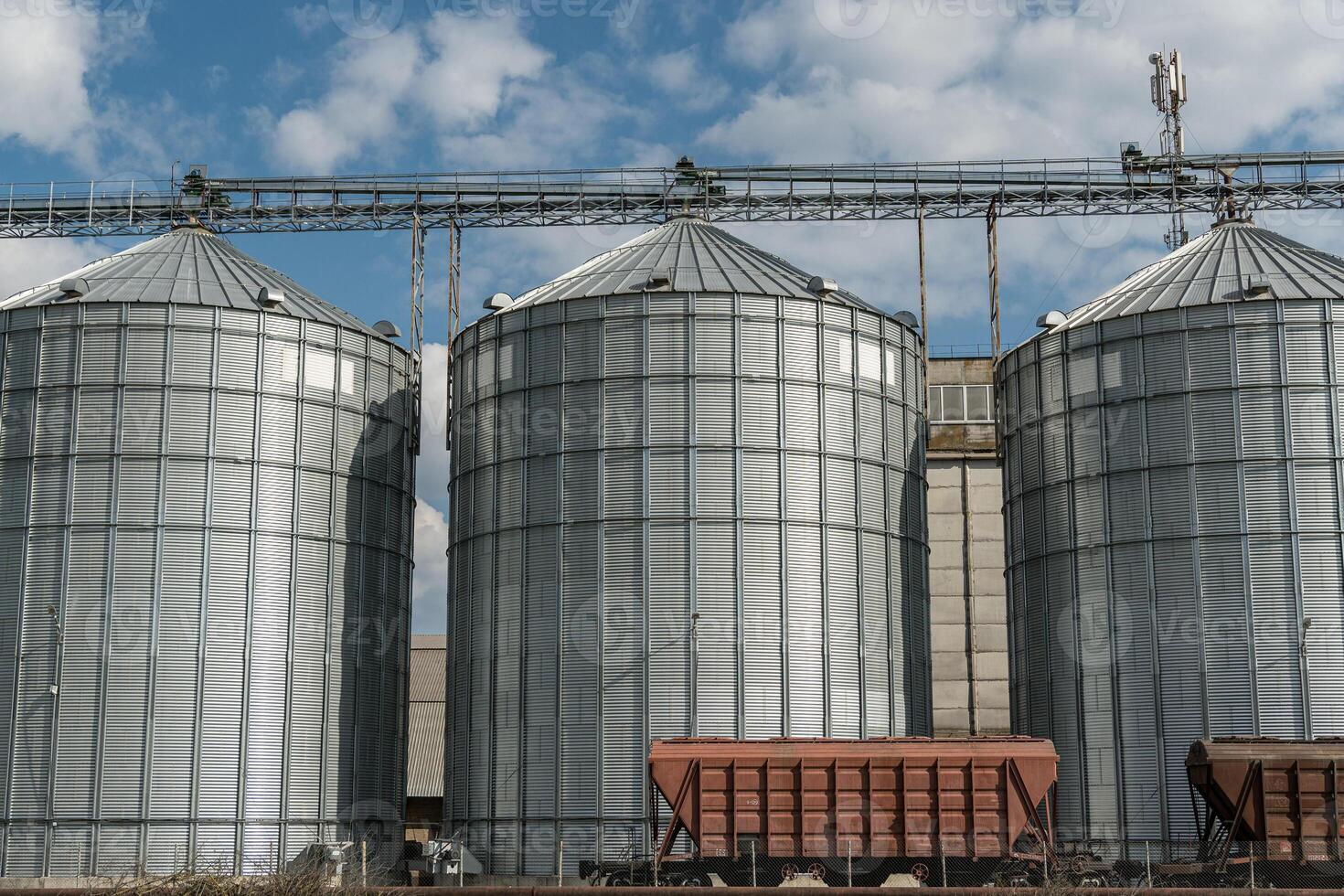Large metallic silos are aligned in an industrial farm area, showcasing grain storage facilities under a bright blue sky photo