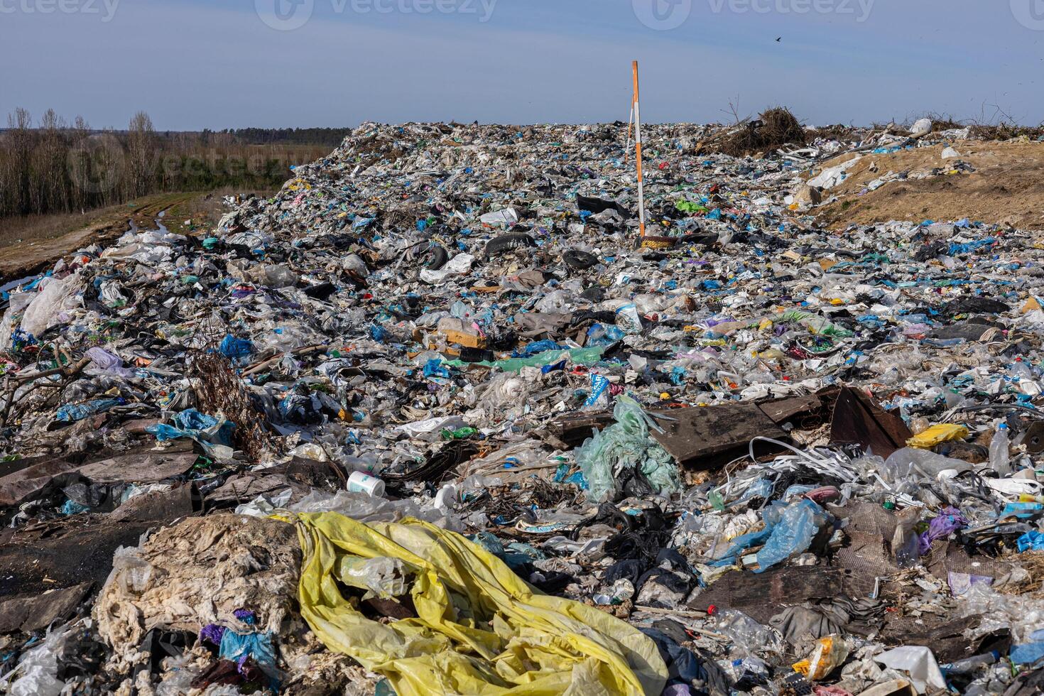A sprawling landfill area is covered in trash, plastic waste, and debris, highlighting critical pollution challenges faced by ecosystems today photo