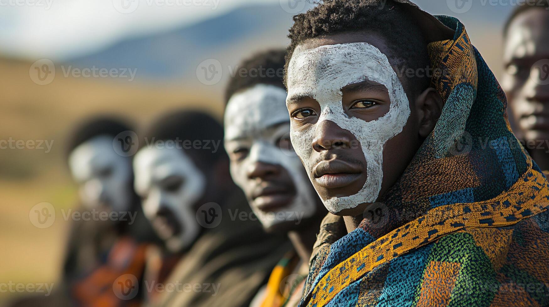 Enigmatic Young Men in Cloaks and Face Paint Participating in Traditional Ceremony photo