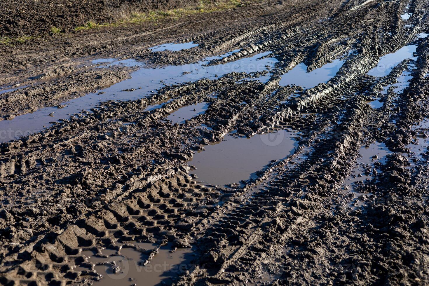 Tire tracks run through a muddy road marked by puddles, reflective of recent rain observed in a rural landscape photo