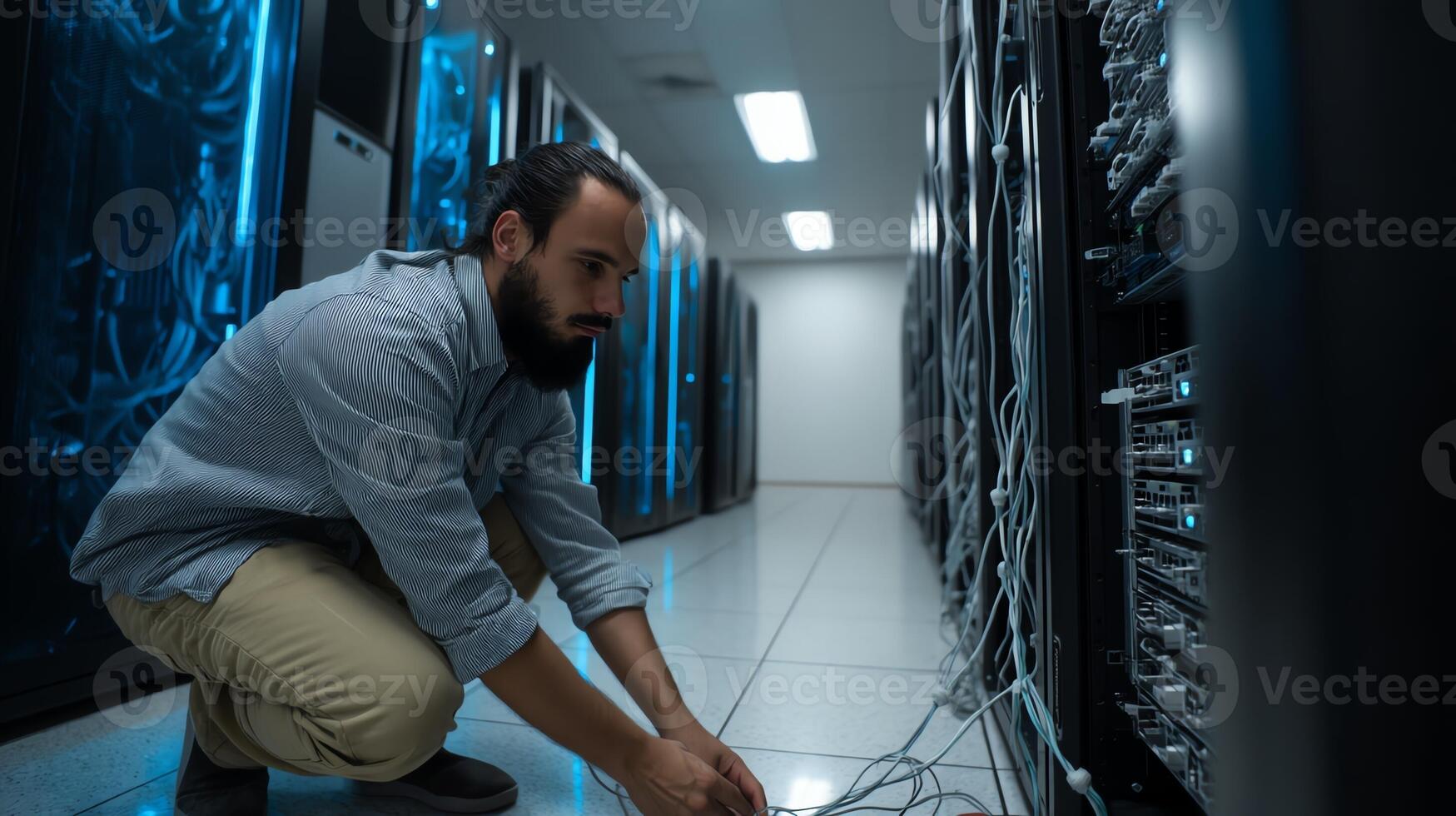 IT technician fixing hardware in a sleek server room, LED-lit racks glowing blue, cables neatly routed, low-light but high-contrast setting, Sony A7R IV, 35mm lens photo