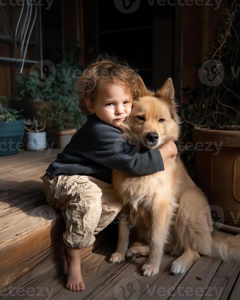 Toddler hugs a fluffy dog on a porch. photo