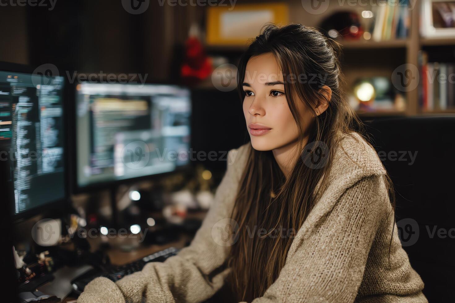 Focused young woman coding at night. photo
