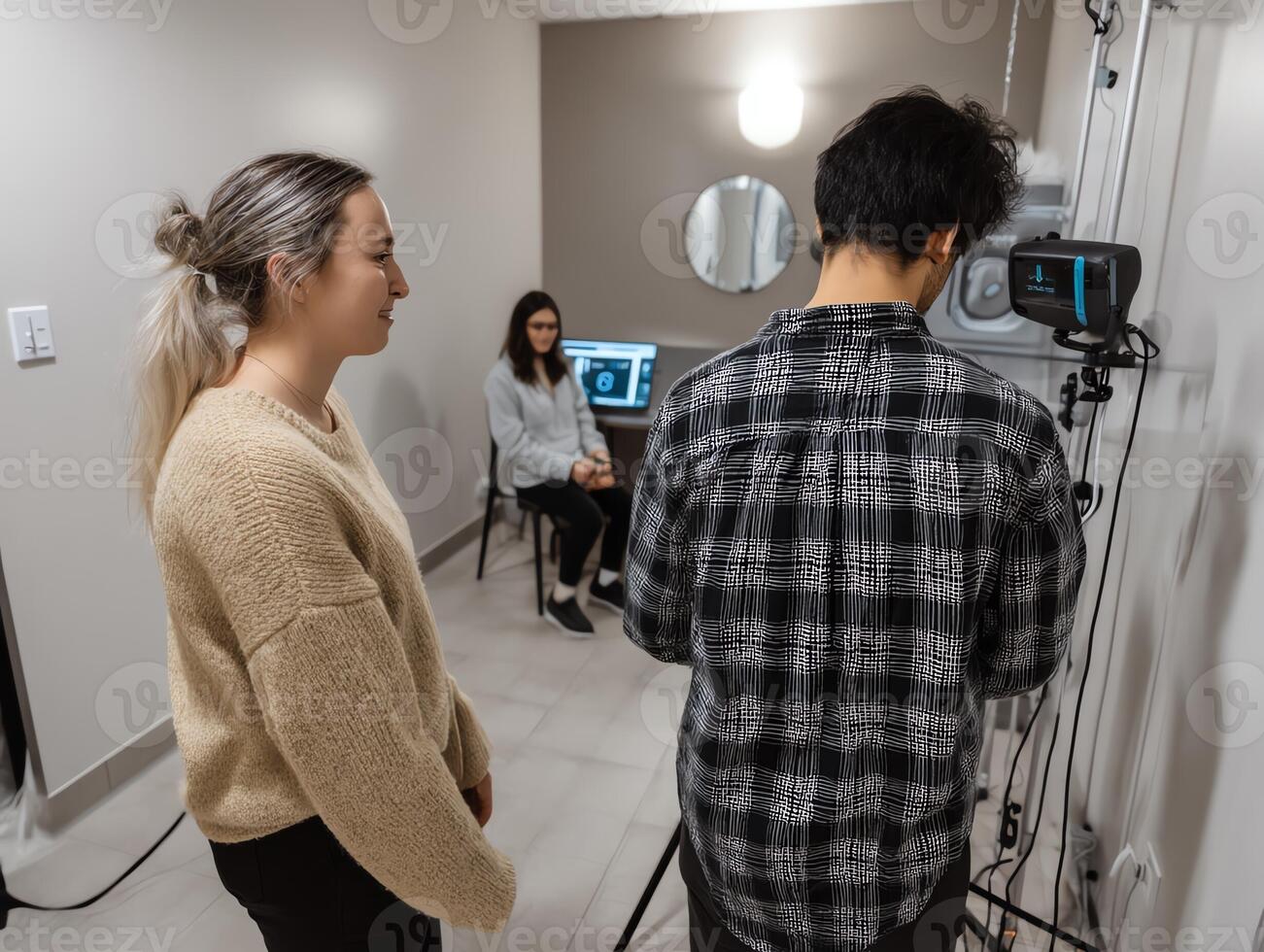 Film crew filming interview in small room. photo